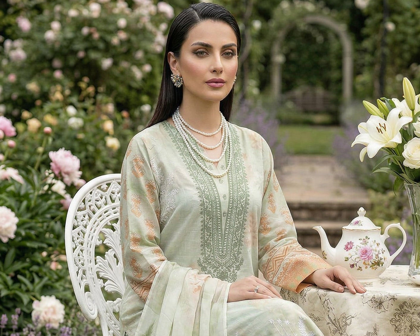 Woman in a light green floral dress sitting outdoors with flowers and a teapot in the background